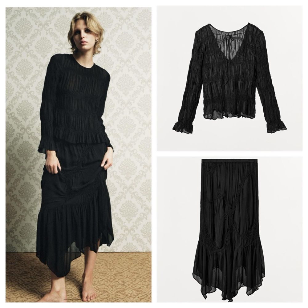 Zara 2 pc set of ruched textured top and skirt